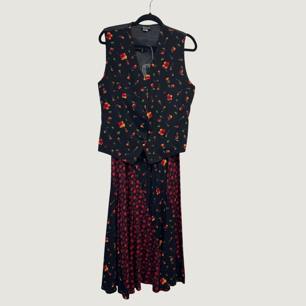 Maven Vest Skirt Set Womens M Black Floral Vintage 90s Rayon 2pc Cottagecore